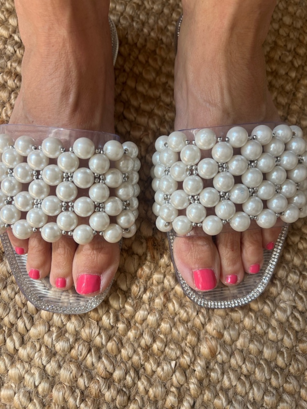 Mudd Pearl-Cluster Clear Slide Sandals with Pink Accents